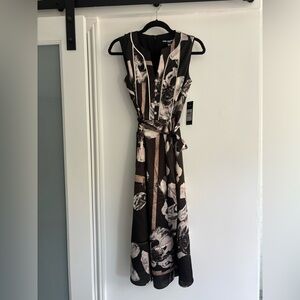 Karl Lagerfeld Black and Tan Floral Midi Dress with Tie Waist